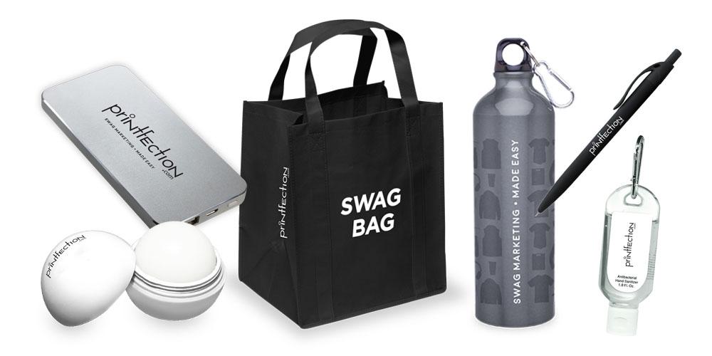 essential event swag items: branded lip balm, totes, water bottles, and pens 