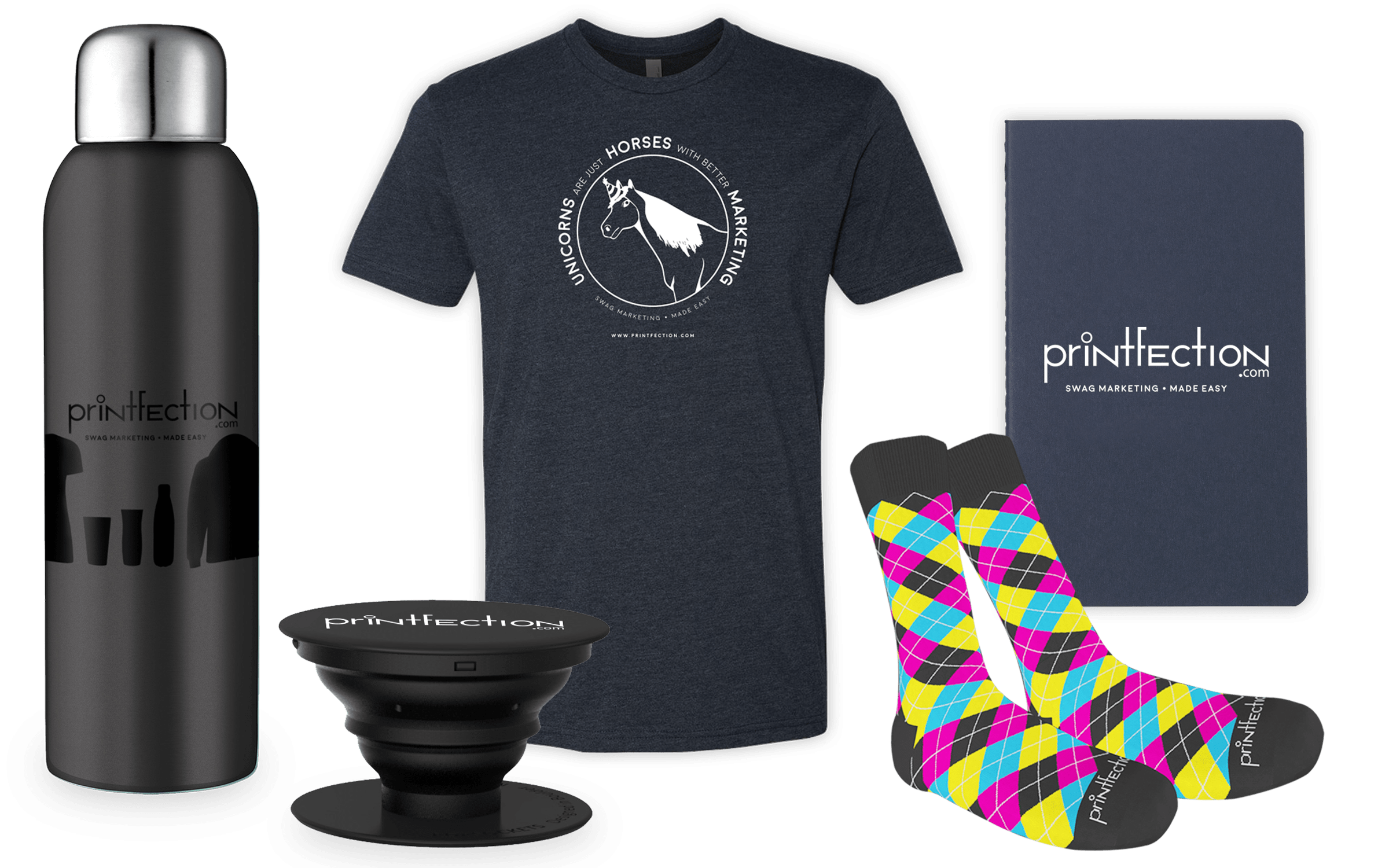 event swag under $10 - t-shirts, water bottles, socks, notebooks