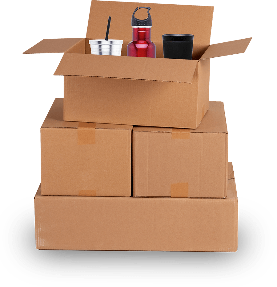 boxes-stack Stack of boxes filled with swag on which you can print your company logo