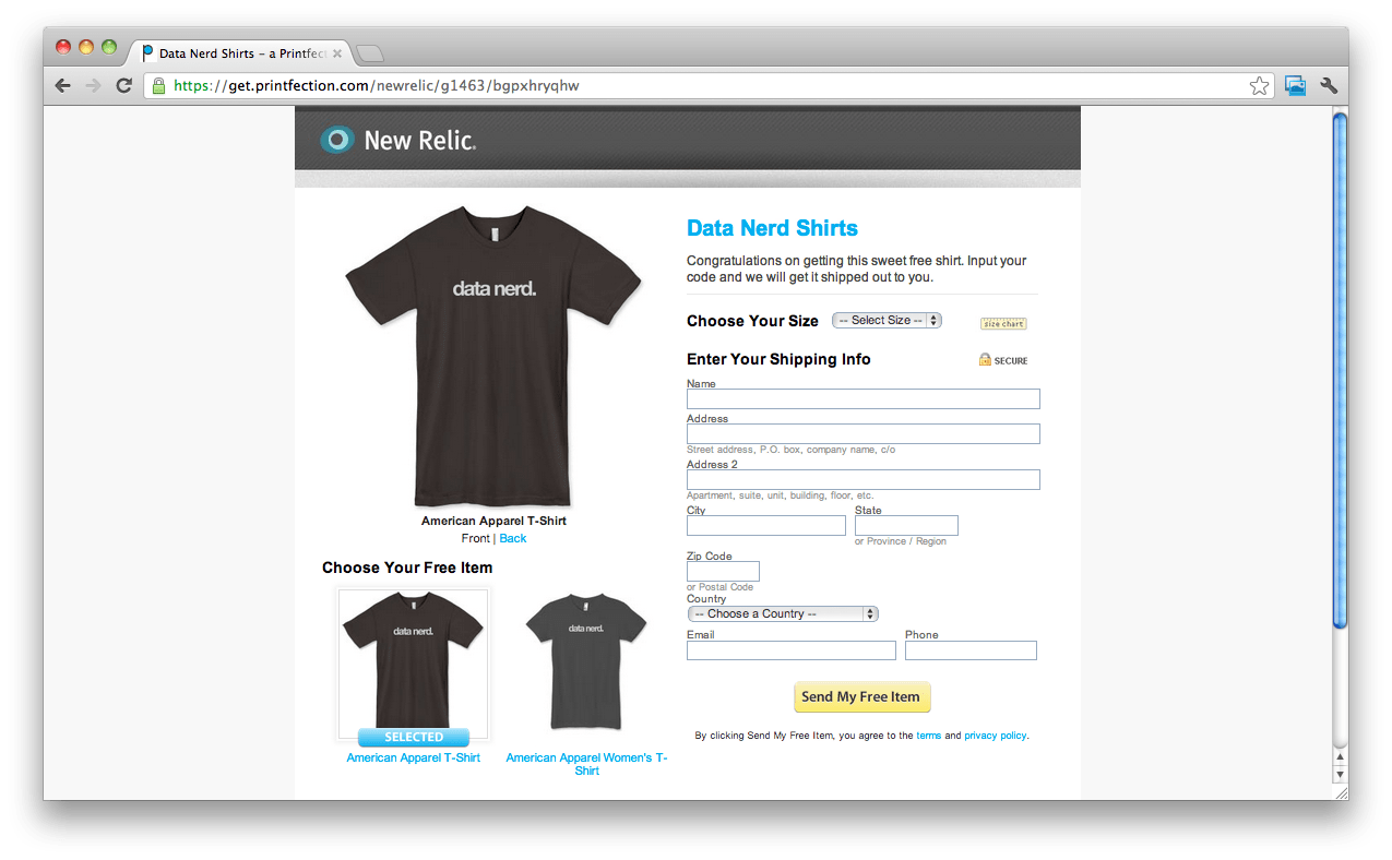 eight A swag giveaway landing page where a customer chooses a t-shirt and enters their shipping address