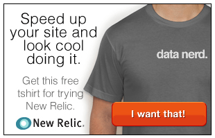 five-three New relic banner ad with t-shirt offer button and guy wearing a data nerd tee