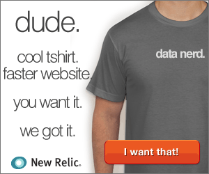 five-two New Relic banner ad with a man wearing a t-shirt with "data nerd" printed on it