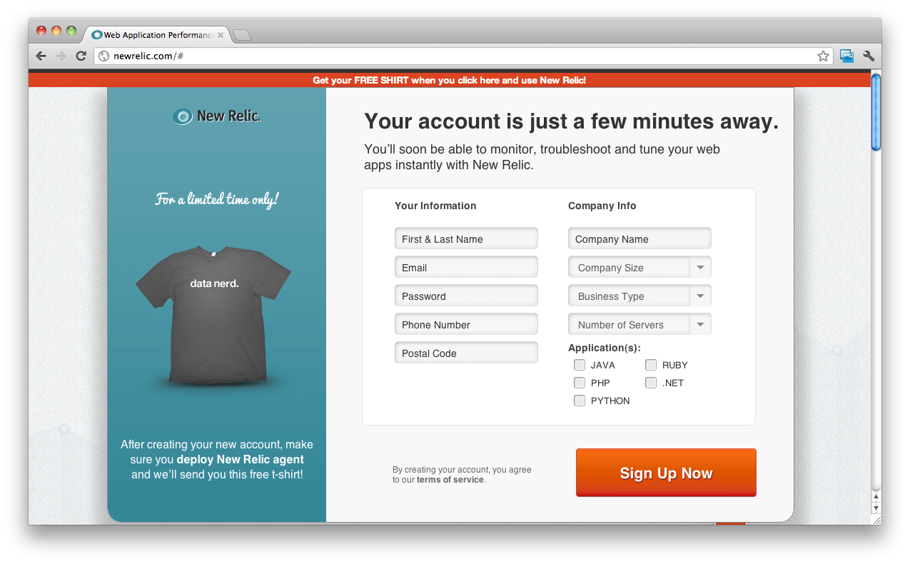 four New Relic's landing page and form they used to get more qualified leads