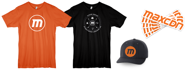maxcdn-swag-inventory MaxCDN's shirts, caps, and stickers with their company logo printed on them