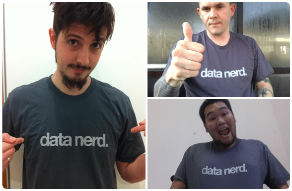 nerds Three men each wearing a data nerd t-shirt they got from New Relic's swag giveaway campaign