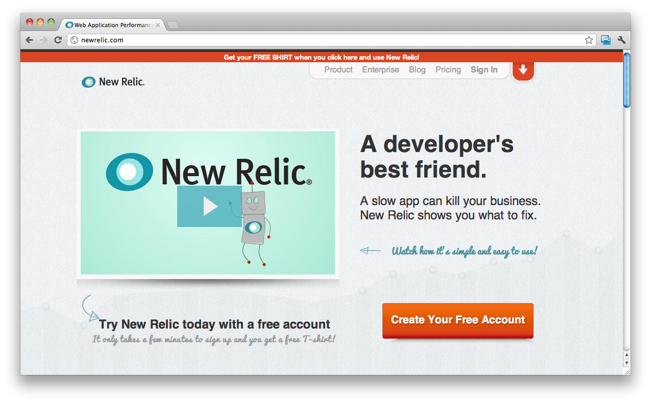 one Screenshot of New Relic's call-to-action page with a mentioning of their swag t-shirt giveaway
