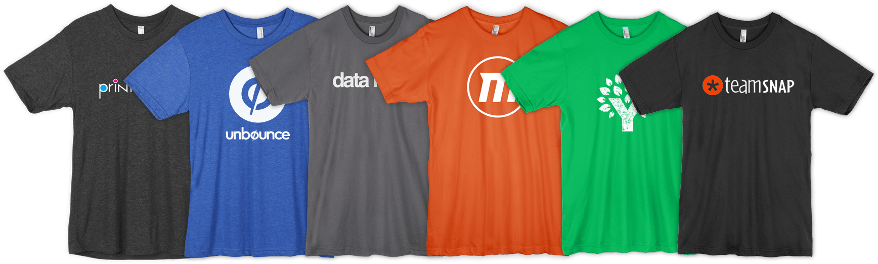 T-shirt lineup with various company brands like New Relic, Printfection, and TeamSnap