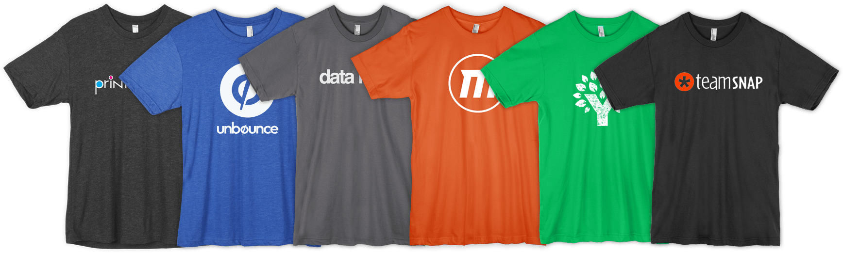 shirt-lineup T-shirt lineup with various company brands like New Relic, Printfection, and TeamSnap