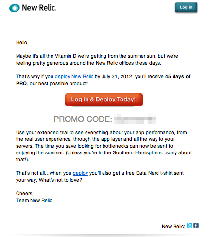 six New Relic email used to generate more qualified leads featuring a CTA to get a t-shirt