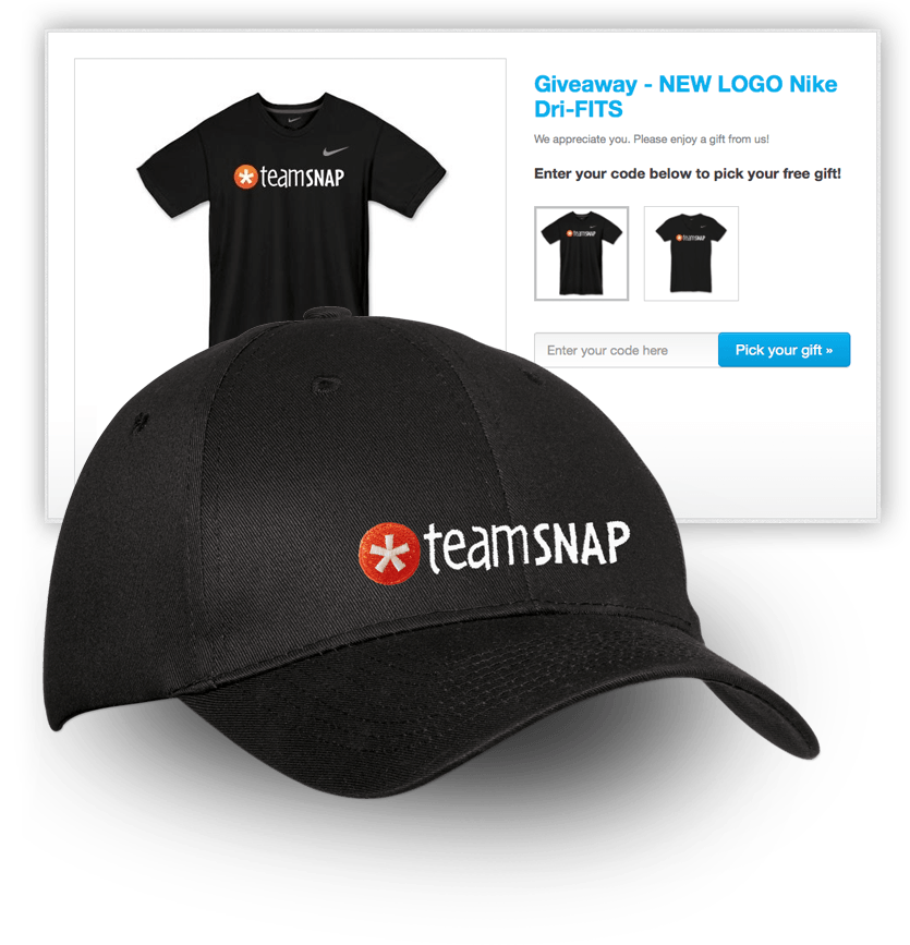 teamsnap-collage-snap TeamSnap giveaway swag page showing a t-shirt and a cap