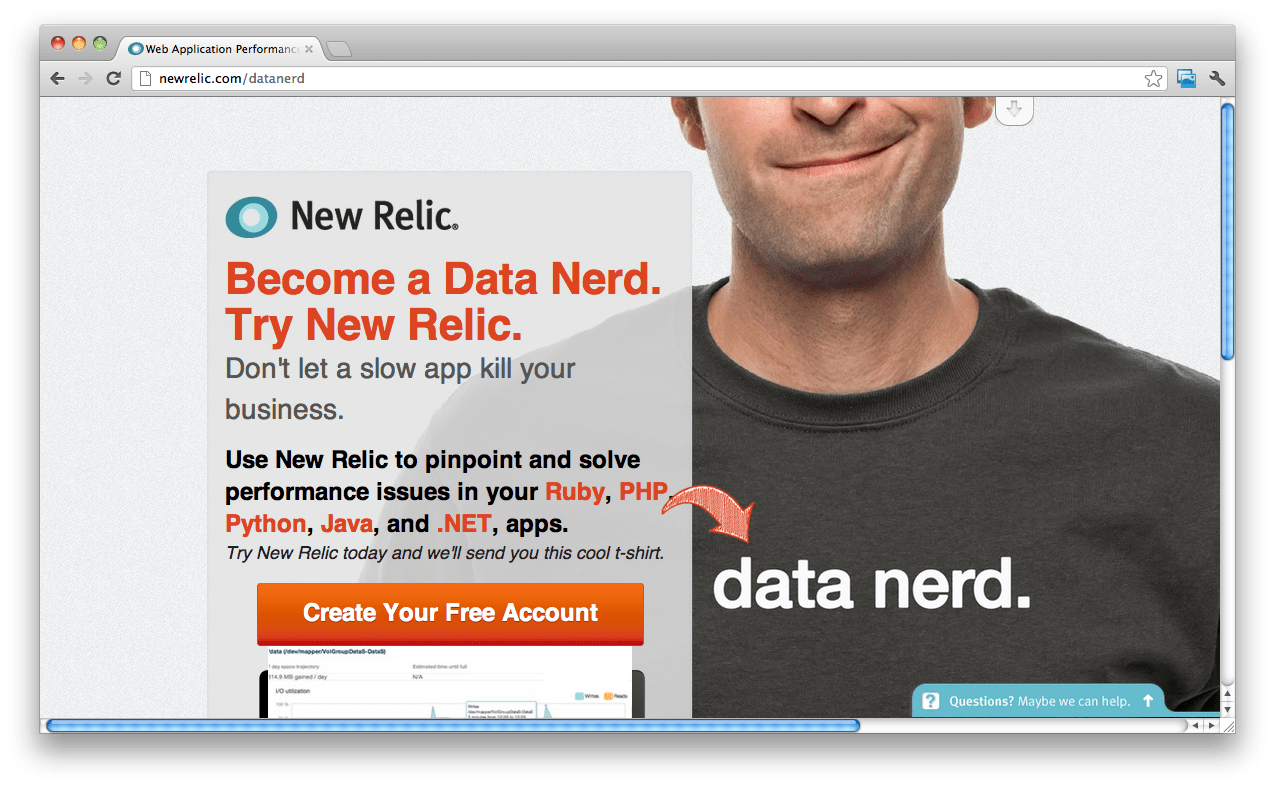 three Dedicated New Relic landing page with guy wearing a t-shirt and a CTA to get swag on the form