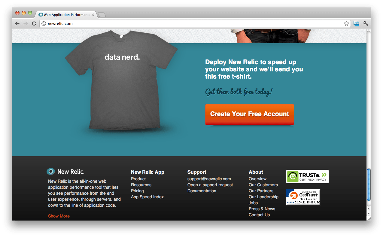 two New Relic webpage showing how they got more qualified leads by offering a t-shirt when someone requests a trial