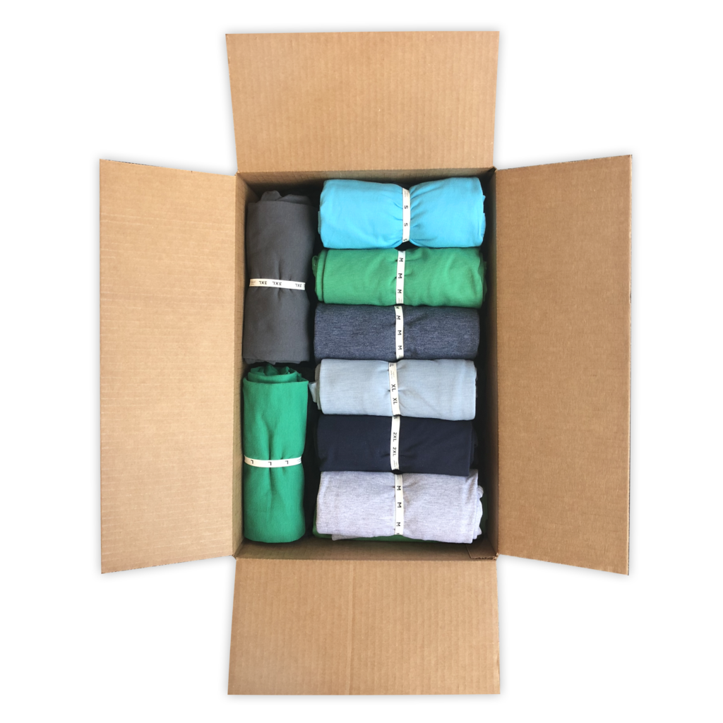Organized box of apparel showing how t shirt dropshipping looks with Printfection