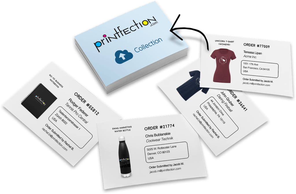 collection Slips of paper showing different swag requests for t-shirts, water bottles, etc.