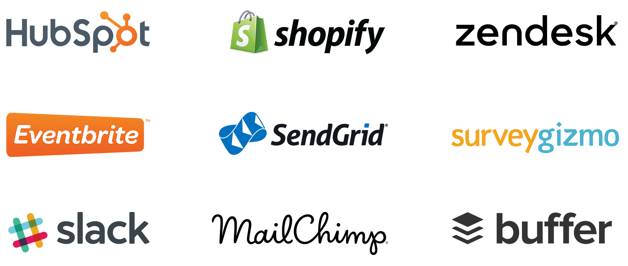 integration-logos Printfection's integrations with various apps like Slack, HubSpot, Zendesk, and Shopify