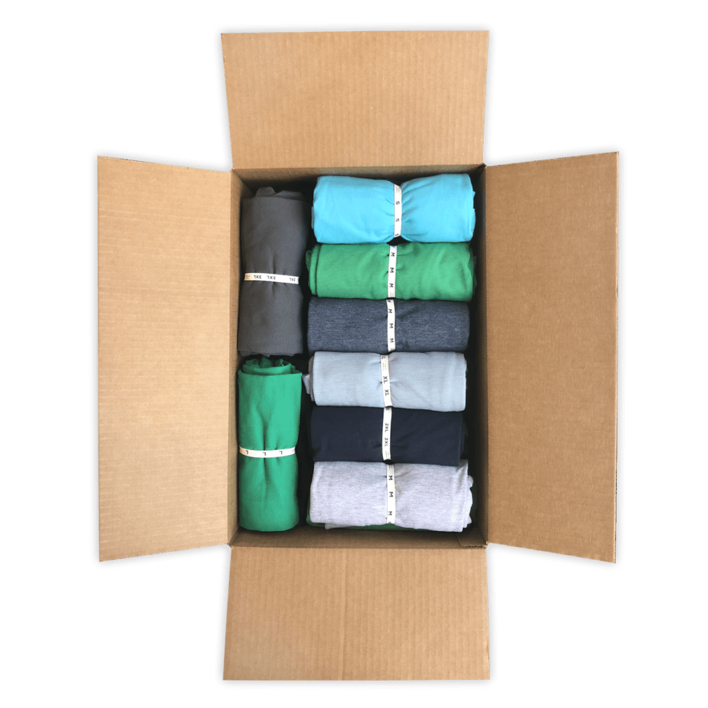 tshirt-event-box-top Box of neatly rolled and labeled t-shirts event managers can drop ship to events worldwide