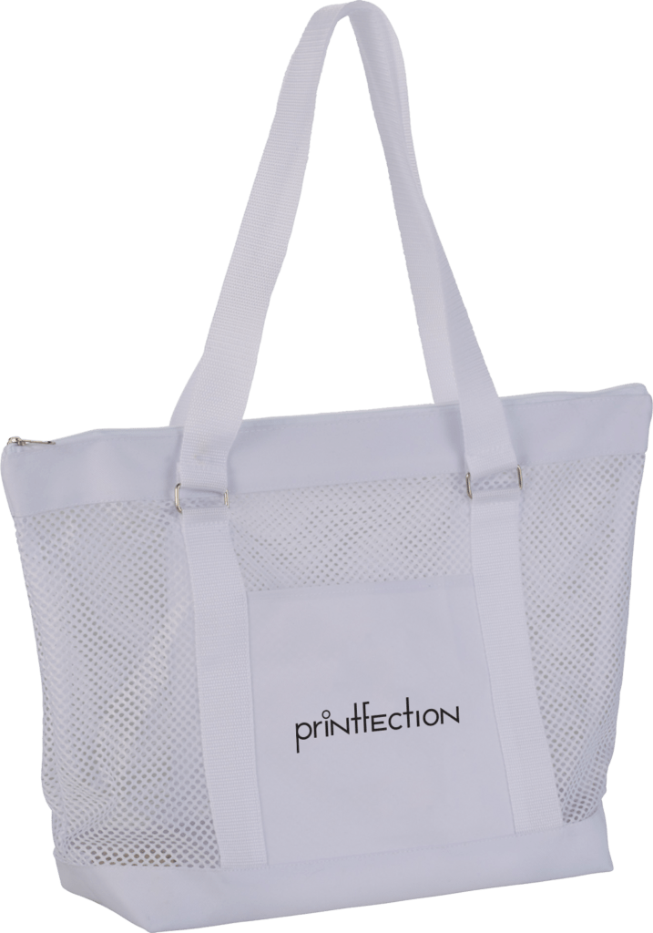 gray beach tote with Printfection corporate logo printed on it