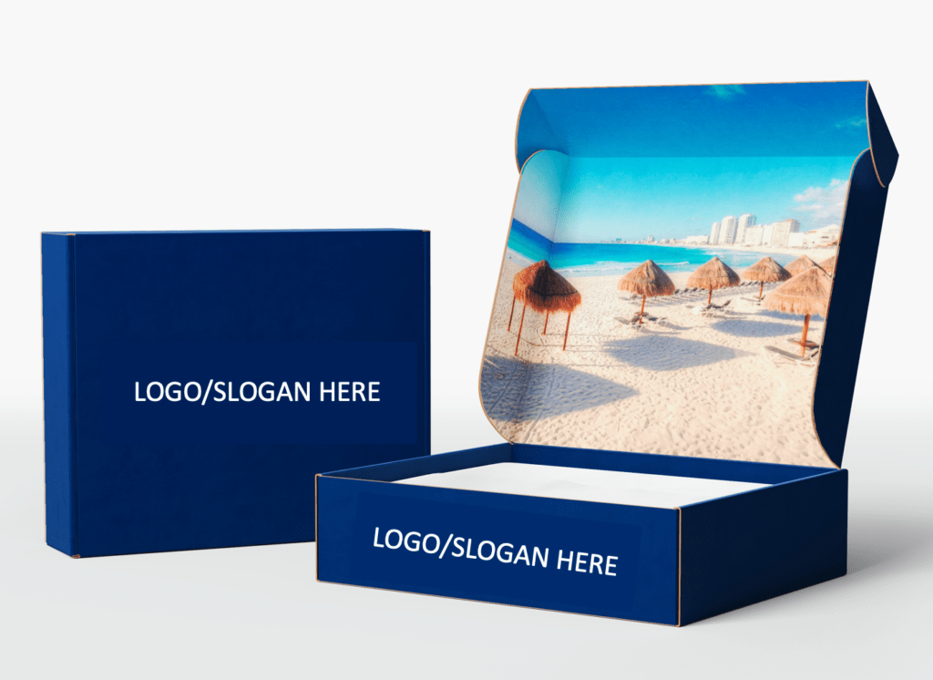 custom branded boxes with image of a beach for a travel theme