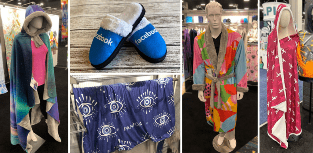 dye-sublimated slippers, weighted blankets, and hooded blanket cape