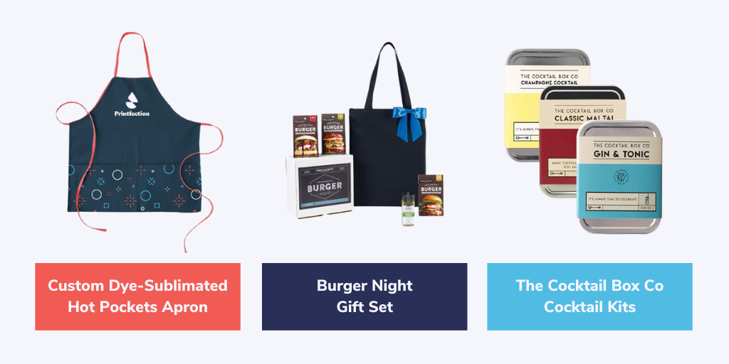 Swag for backyard grilling and gathering, including an apron, burger grill set, and cocktail making kit