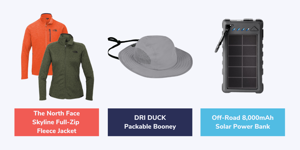 Swag to gear up for the great outdoors, including fleece jacket, hat, and solar power bank 