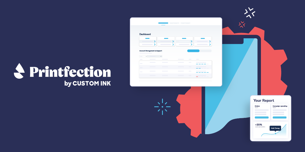 Illustration of Printfection dashboard and gear icons