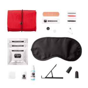 Company swag ideas travel set with eye mask, spray, bandages, sewing kit, earplugs, and carry case
