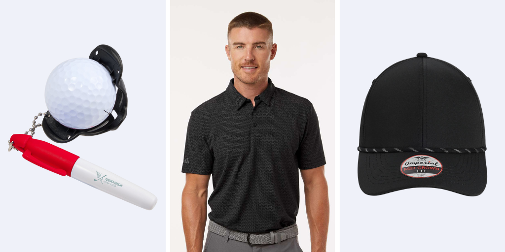 trending swag items for golf including a golf stencil and marker, adidas polo, and rope cap