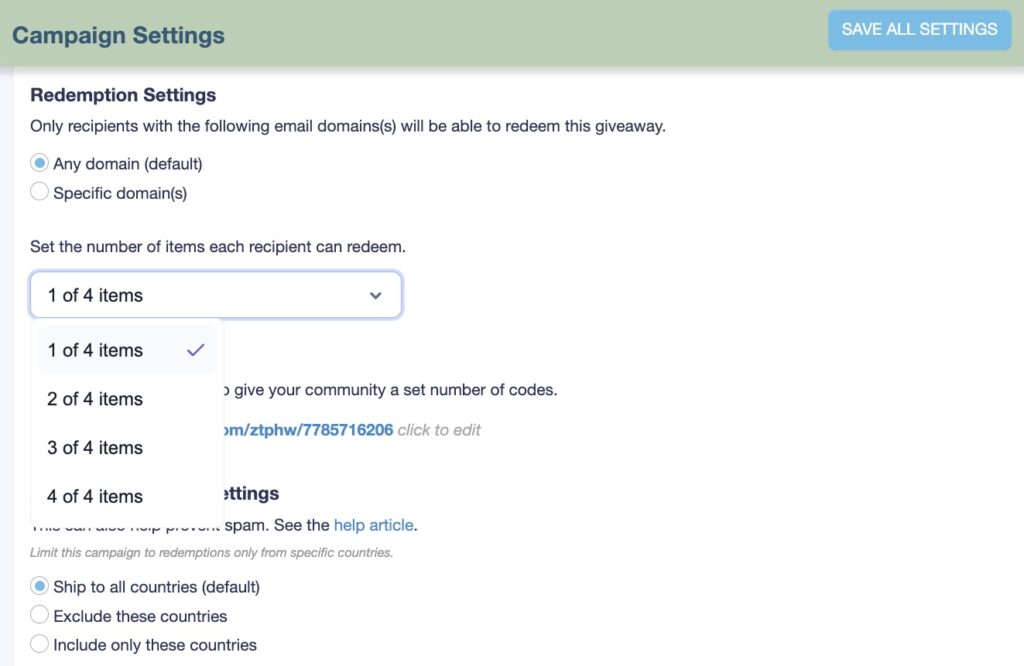 Printfection giveaway campaign settings dashboard