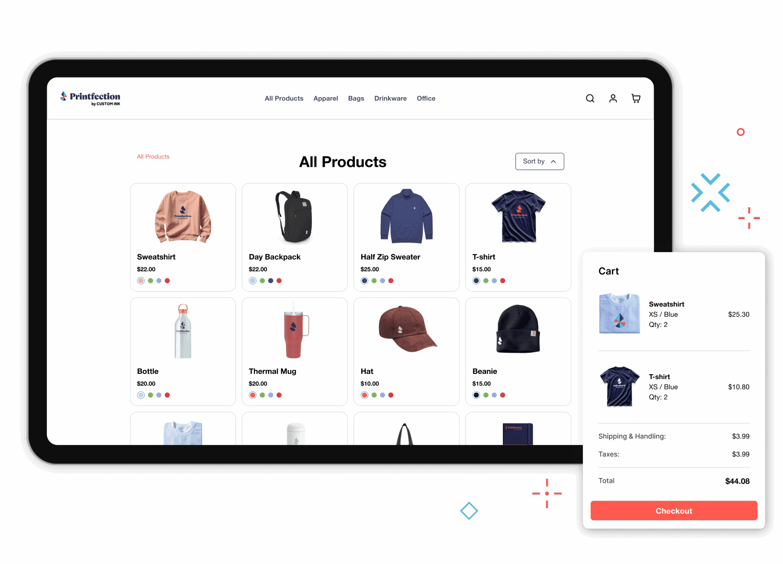 How Printfection Swag Stores Work Sample of Printfection swag storefront on a desktop interface with items to shop including apparel, backpacks, and drinkware
